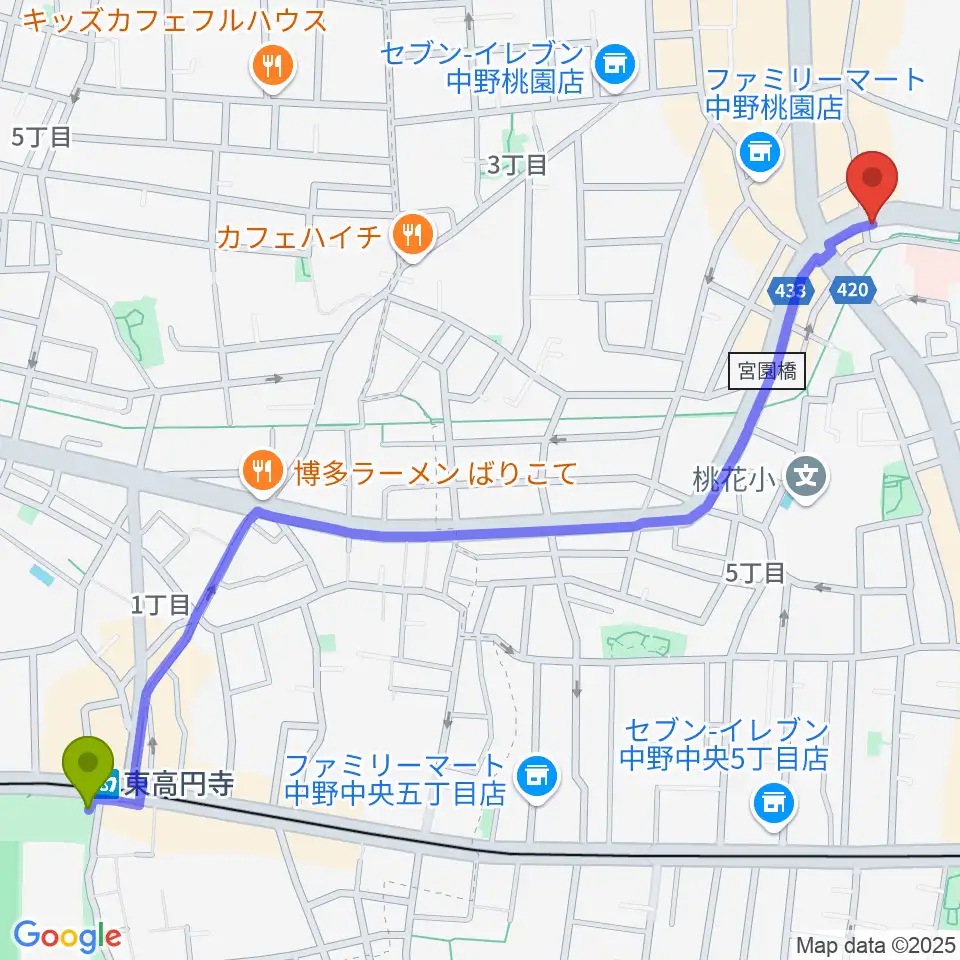 東高円寺駅からVolta Studioへのルートマップ地図