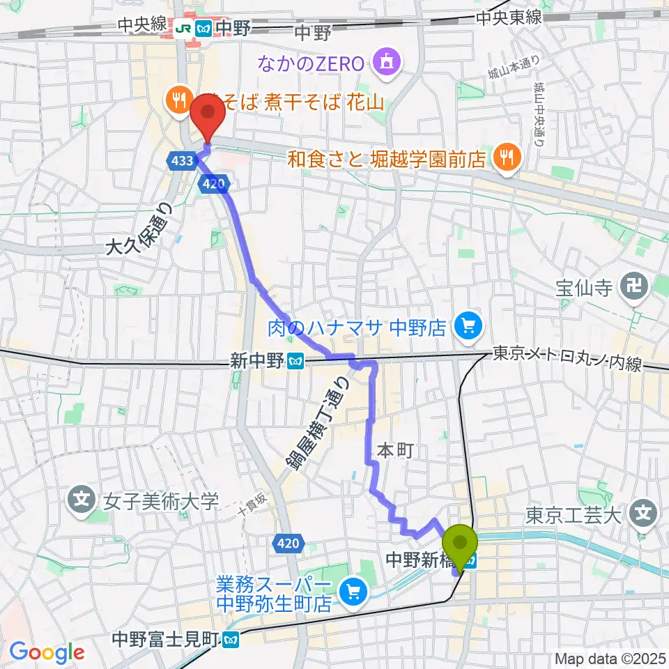 中野新橋駅からVolta Studioへのルートマップ地図