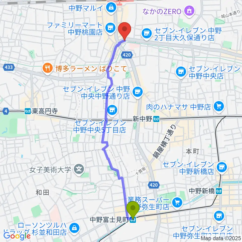 中野富士見町駅からVolta Studioへのルートマップ地図