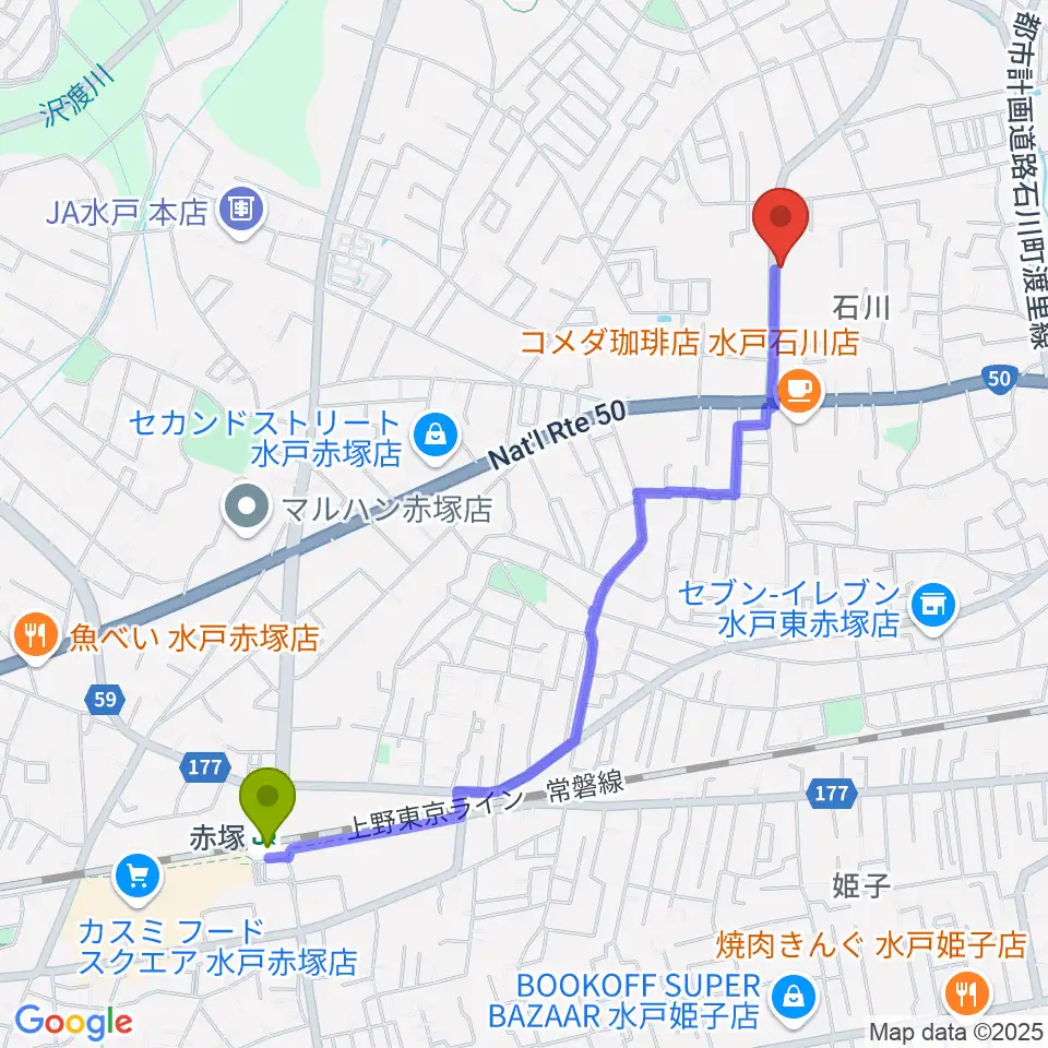 カワイ水戸ショップの最寄駅赤塚駅からの徒歩ルート（約23分）地図