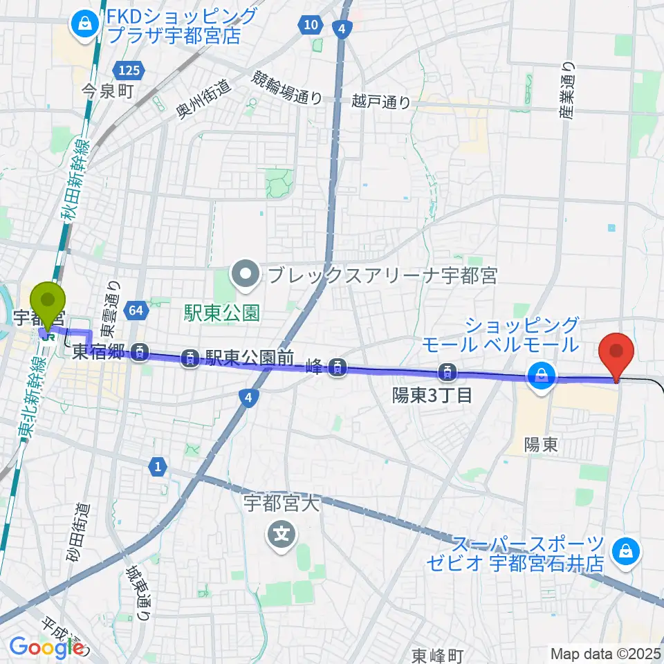 宇都宮駅からカワイ宇都宮ショップへのルートマップ地図