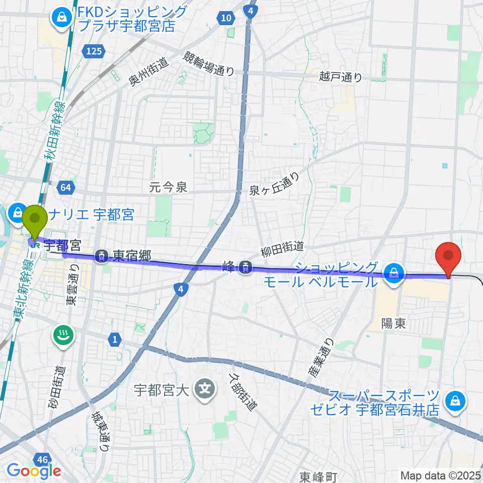 宇都宮駅からカワイ宇都宮ショップへのルートマップ地図