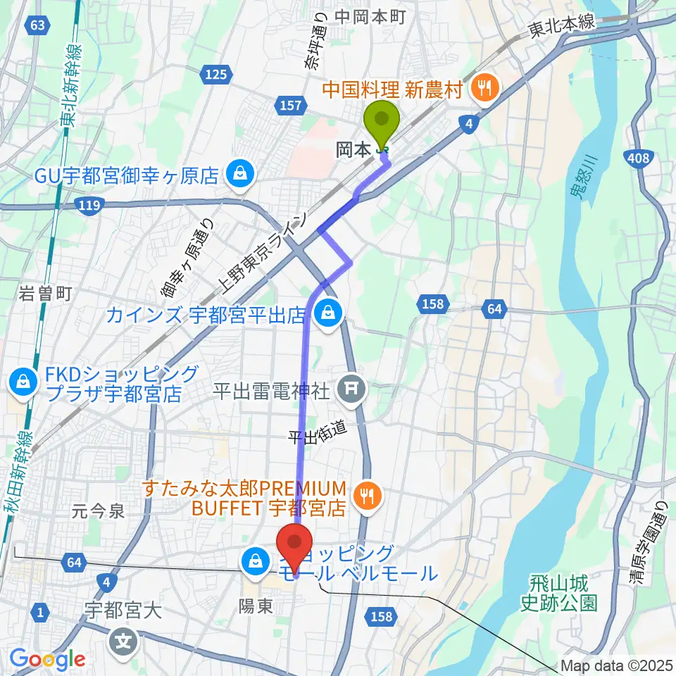 岡本駅からカワイ宇都宮ショップへのルートマップ地図