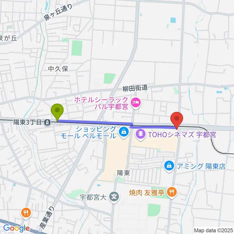 陽東3丁目駅からカワイ宇都宮ショップへのルートマップ地図