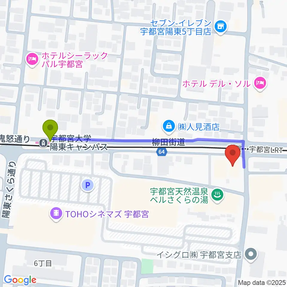 カワイ宇都宮ショップの最寄駅宇都宮大学陽東キャンパス駅からの徒歩ルート（約5分）地図