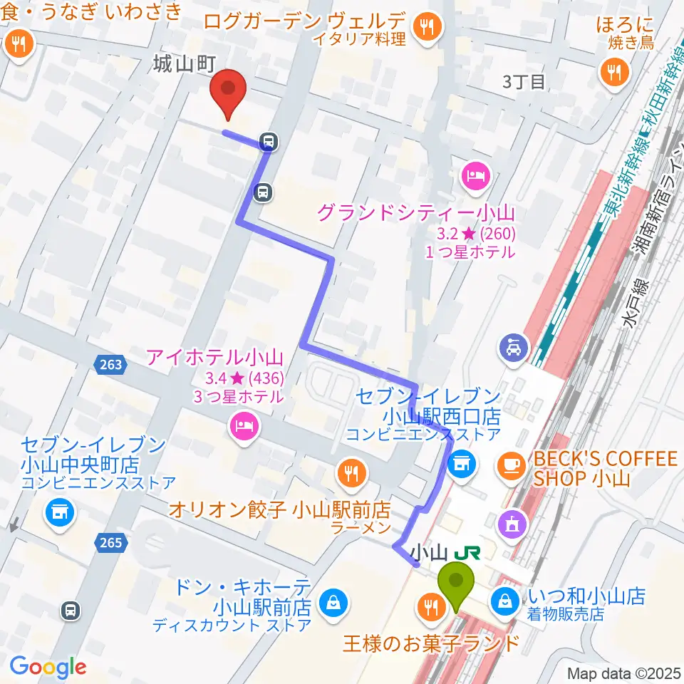 カワイ小山ショップの最寄駅小山駅からの徒歩ルート（約6分）地図