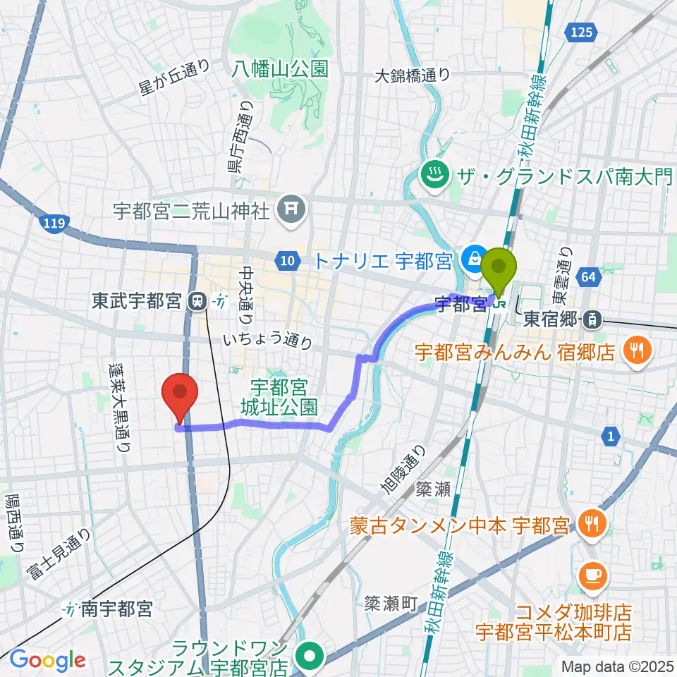 宇都宮駅からアンザイピアノテクニカル・エマ音楽院へのルートマップ地図