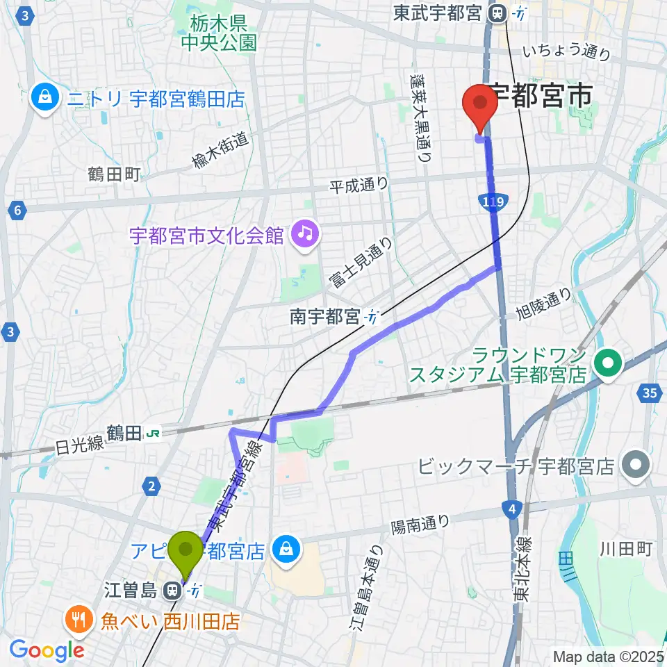 江曽島駅からアンザイピアノテクニカル・エマ音楽院へのルートマップ地図