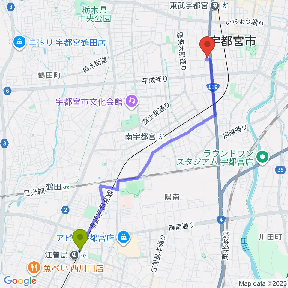 江曽島駅からアンザイピアノテクニカル・エマ音楽院へのルートマップ地図