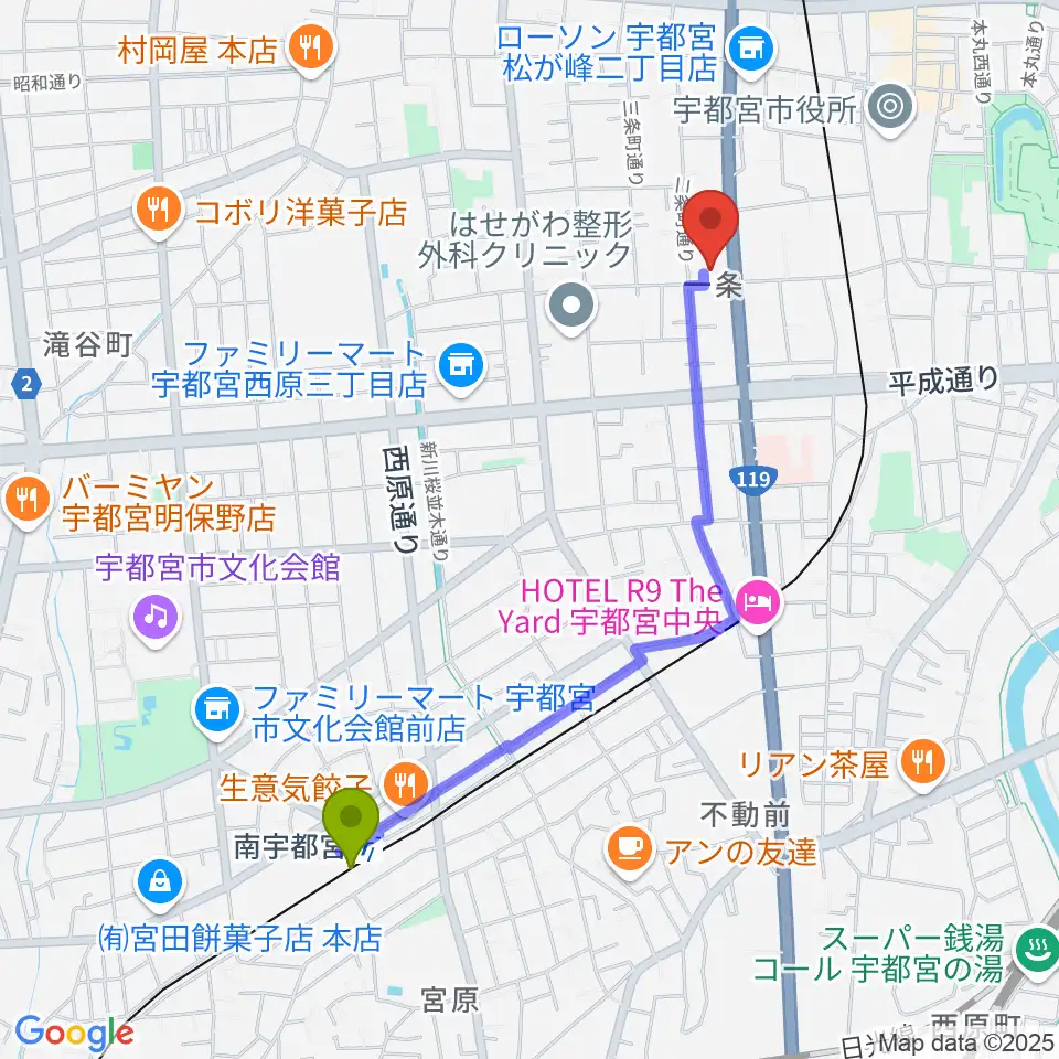 南宇都宮駅からアンザイピアノテクニカル・エマ音楽院へのルートマップ地図