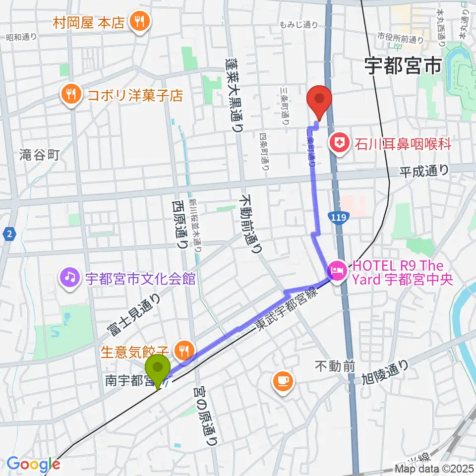 南宇都宮駅からアンザイピアノテクニカル・エマ音楽院へのルートマップ地図