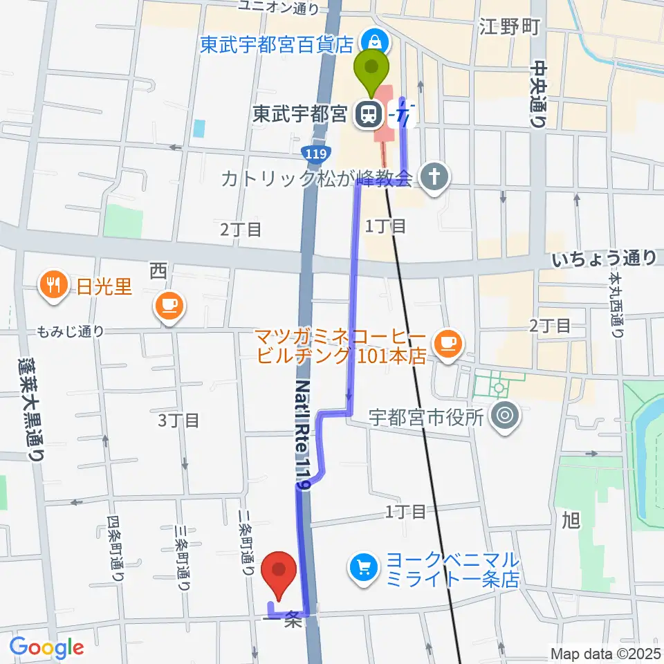 アンザイピアノテクニカル・エマ音楽院の最寄駅東武宇都宮駅からの徒歩ルート（約12分）地図