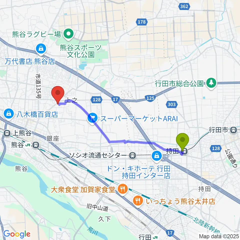 持田駅からカワイ熊谷ショップへのルートマップ地図