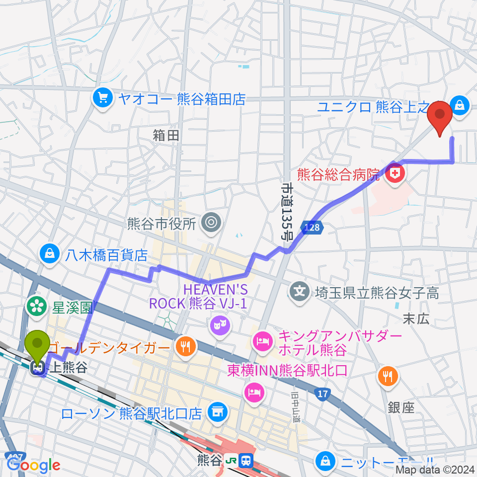 上熊谷駅からカワイ熊谷ショップへのルートマップ地図