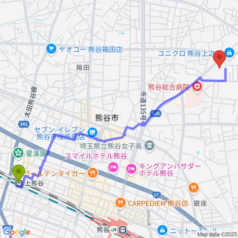 上熊谷駅からカワイ熊谷ショップへのルートマップ地図