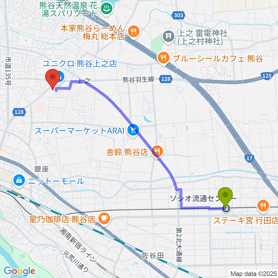 ソシオ流通センター駅からカワイ熊谷ショップへのルートマップ地図
