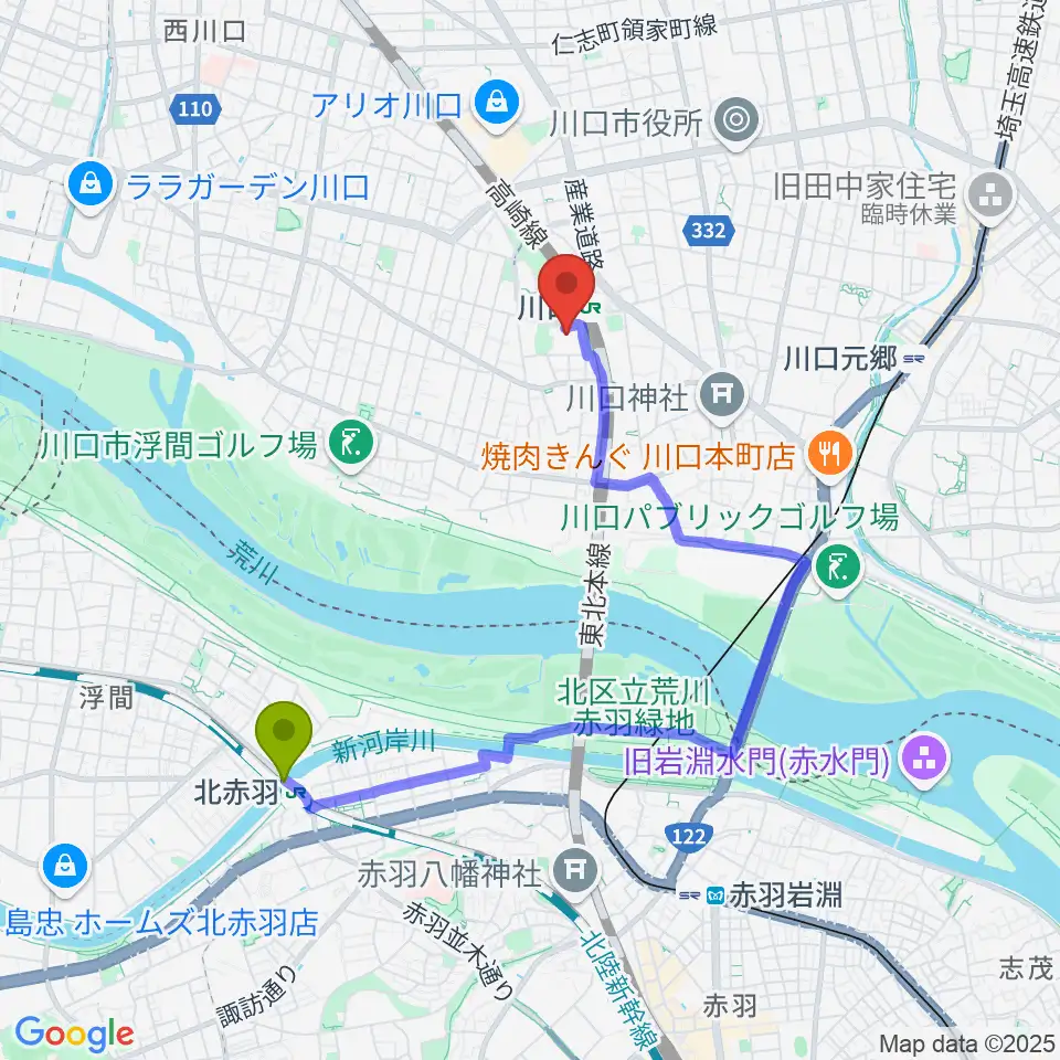 北赤羽駅からカワイ川口ショップリリアへのルートマップ地図