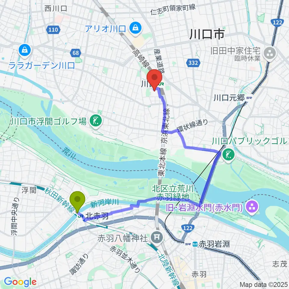 北赤羽駅からカワイ川口ショップリリアへのルートマップ地図