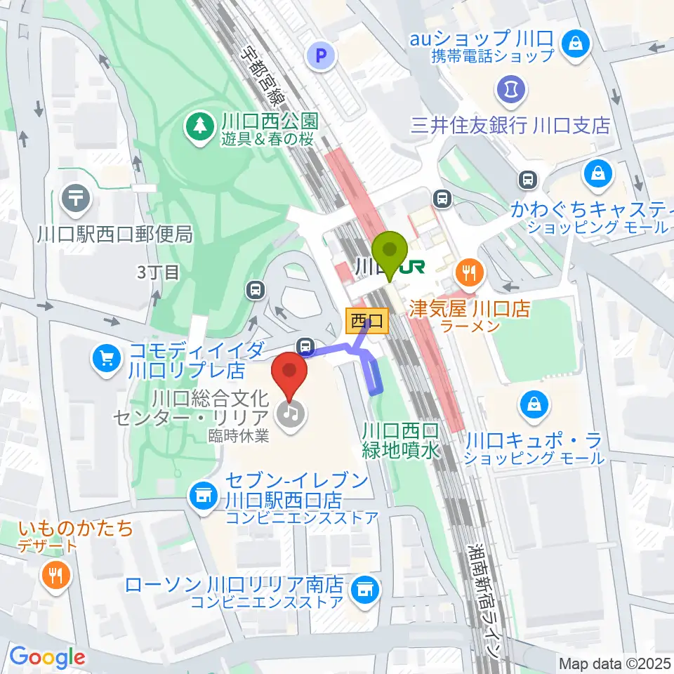 カワイ川口ショップリリアの最寄駅川口駅からの徒歩ルート（約2分）地図