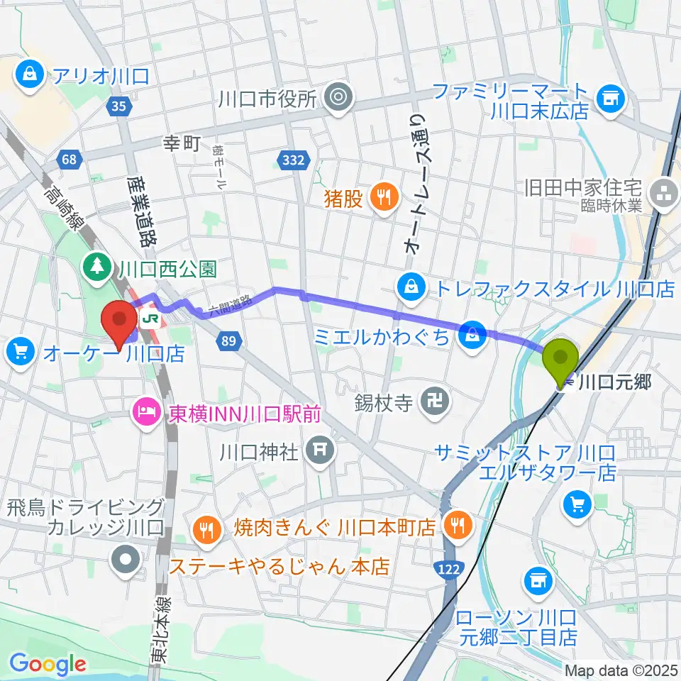 川口元郷駅からカワイ川口ショップリリアへのルートマップ地図