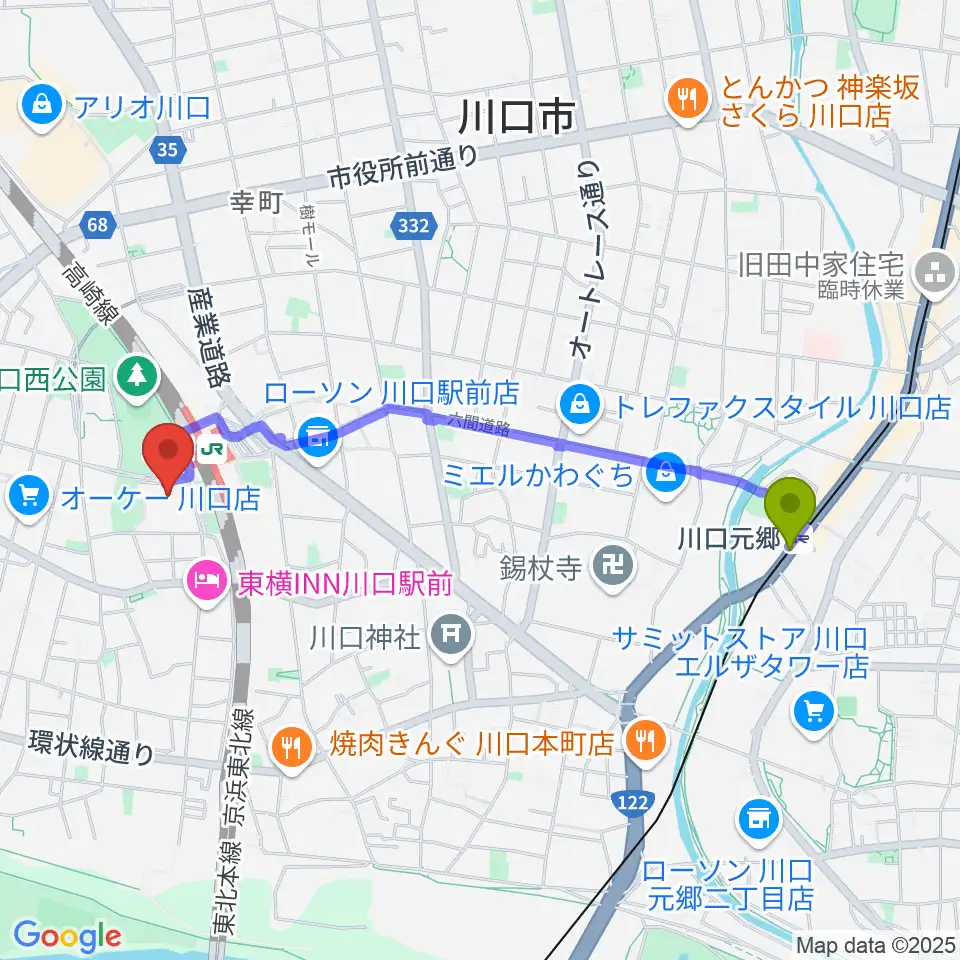 川口元郷駅からカワイ川口ショップリリアへのルートマップ地図
