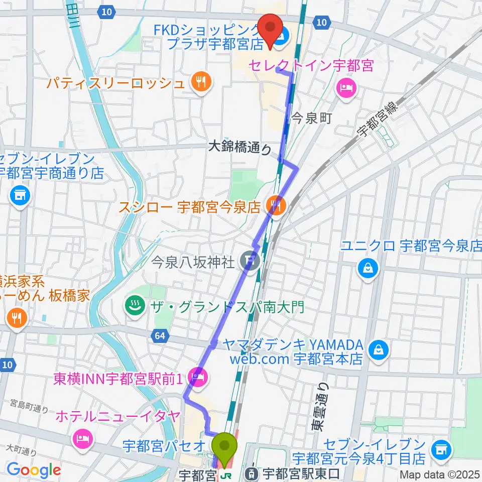 島村楽器 FKD宇都宮店の最寄駅宇都宮駅からの徒歩ルート（約27分）地図