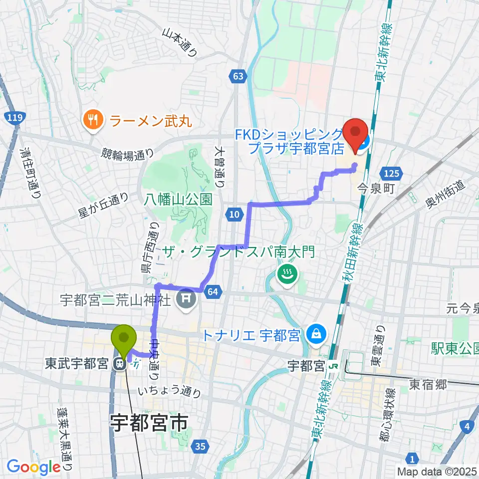 東武宇都宮駅から島村楽器 FKD宇都宮店へのルートマップ地図