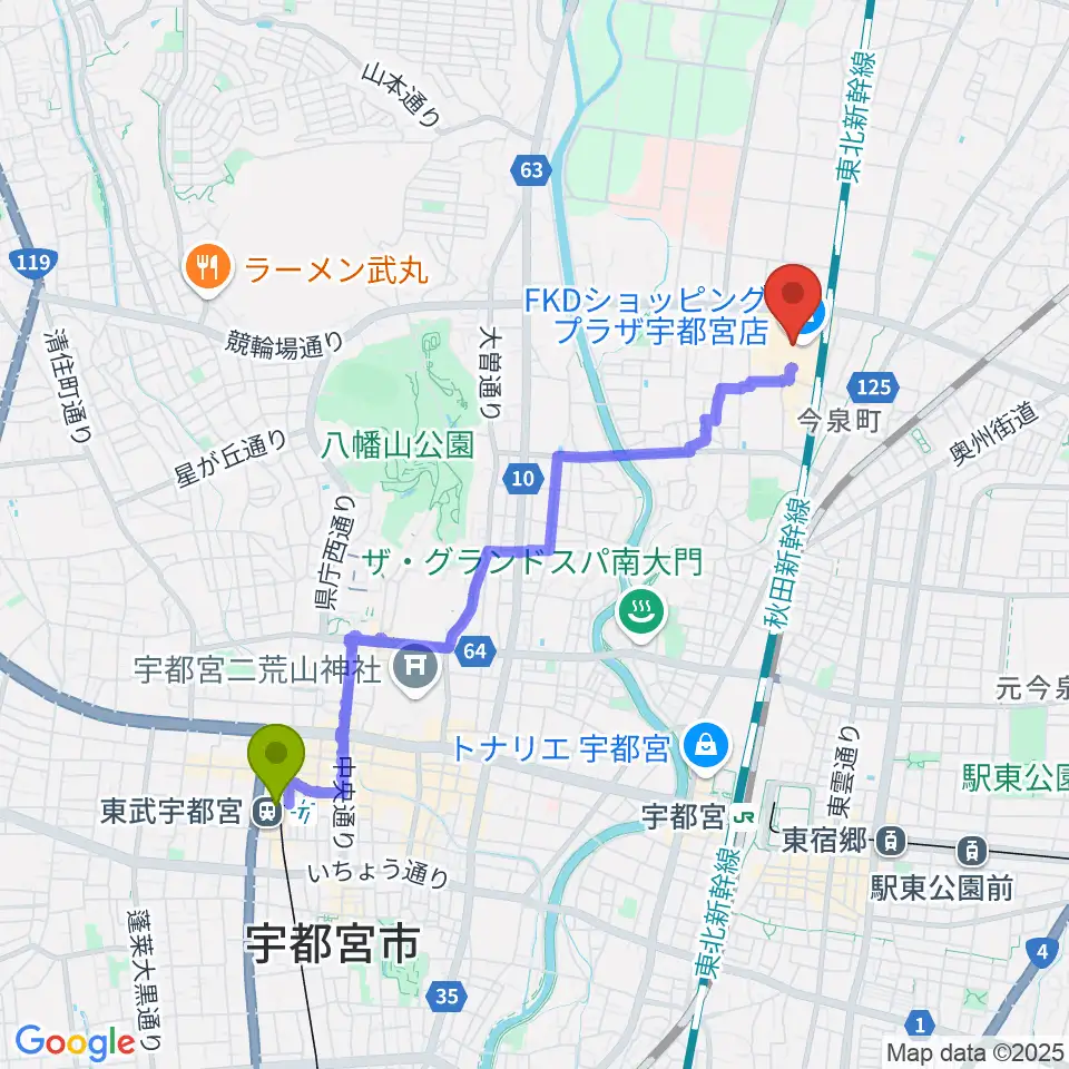 東武宇都宮駅から島村楽器 FKD宇都宮店へのルートマップ地図