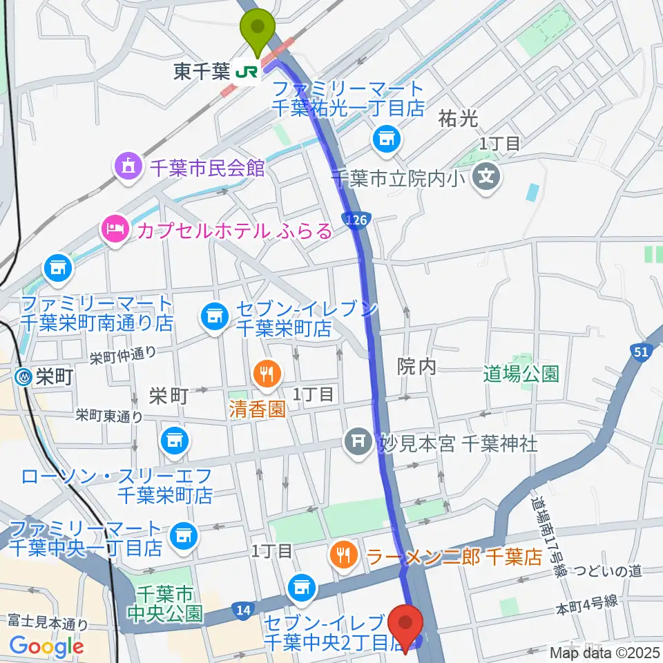 東千葉駅からカワイ千葉へのルートマップ地図