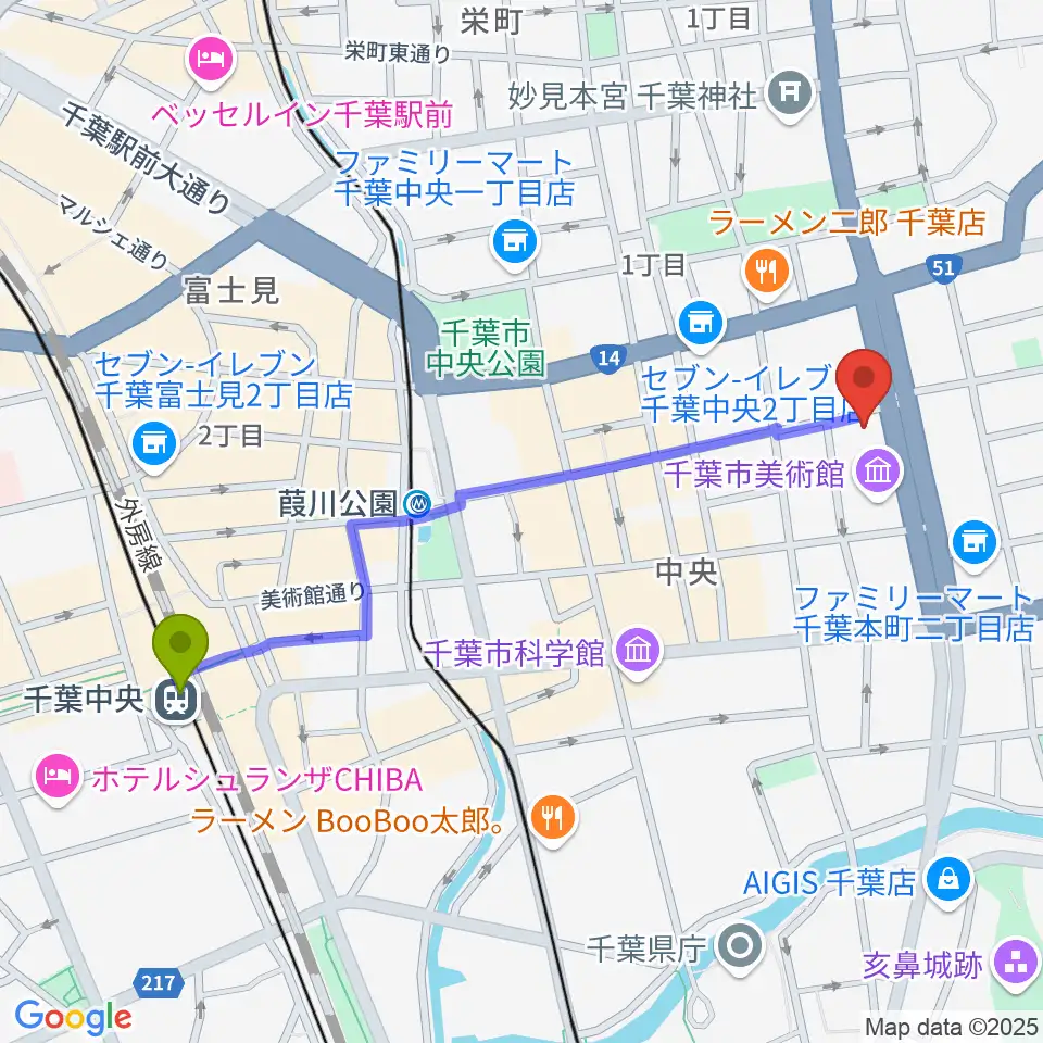 千葉中央駅からカワイ千葉へのルートマップ地図