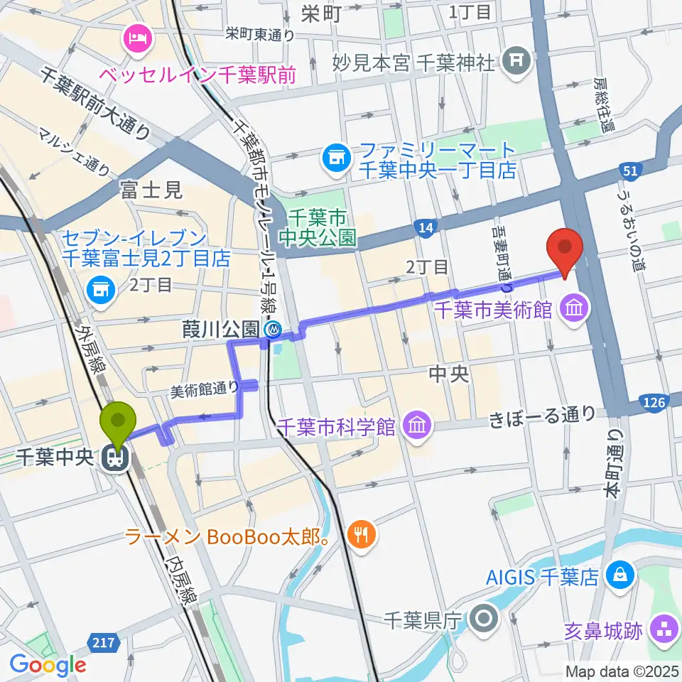 千葉中央駅からカワイ千葉へのルートマップ地図