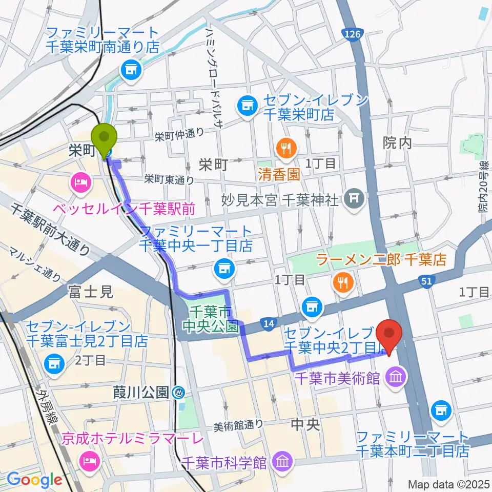 栄町駅からカワイ千葉へのルートマップ地図