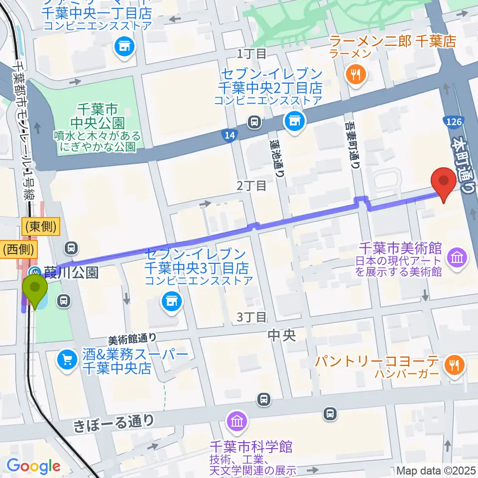 カワイ千葉の最寄駅葭川公園駅からの徒歩ルート（約7分）地図