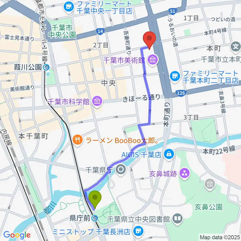 県庁前駅からカワイ千葉へのルートマップ地図