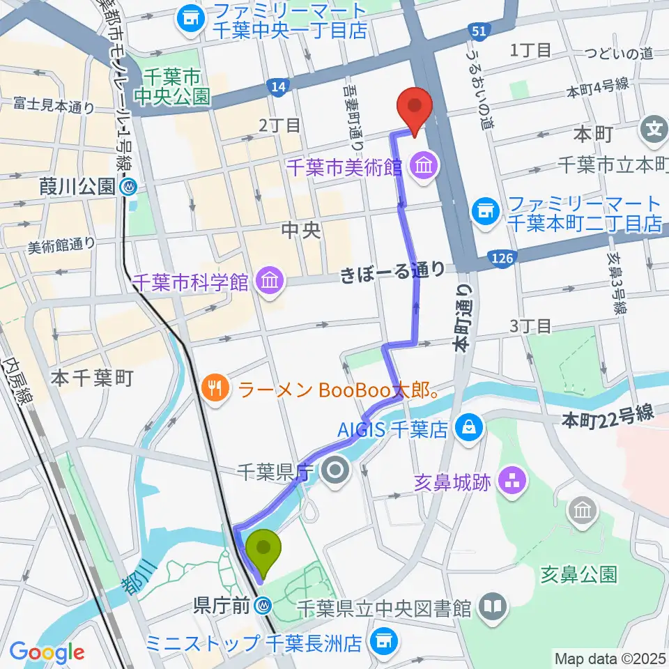 県庁前駅からカワイ千葉へのルートマップ地図