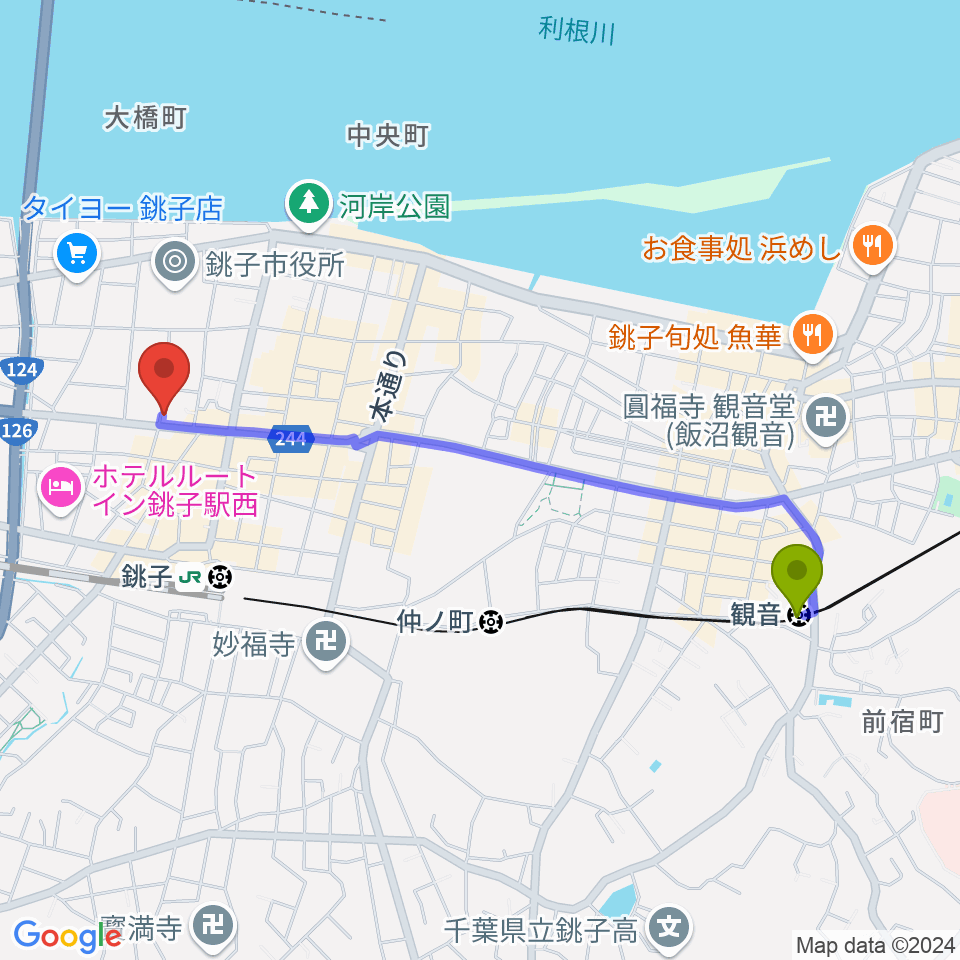 観音駅からカワイ銚子ショップへのルートマップ地図