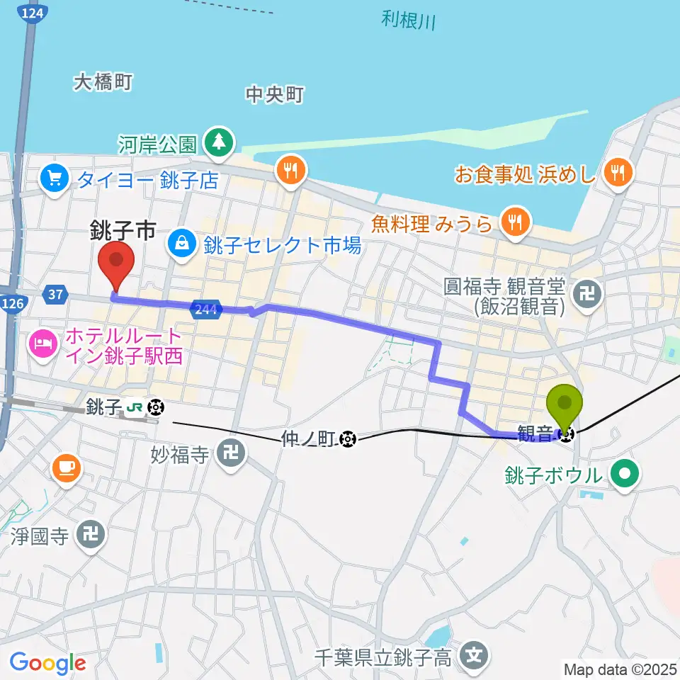 観音駅からカワイ銚子ショップへのルートマップ地図