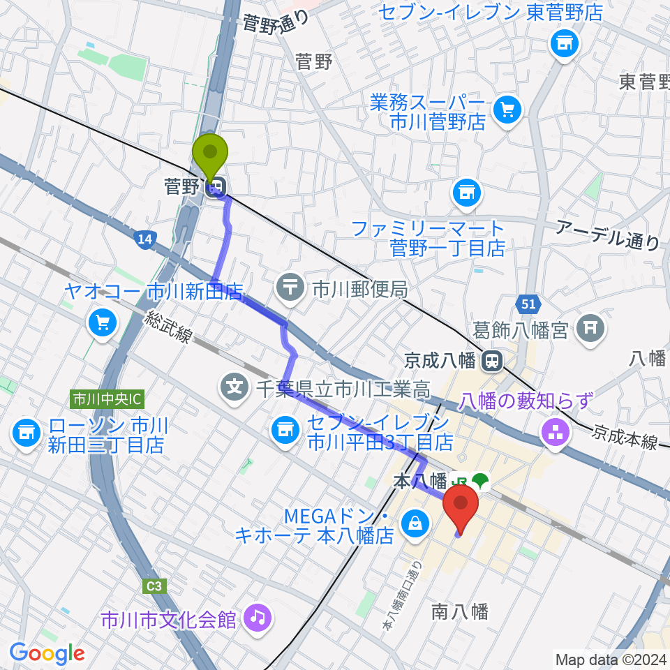 菅野駅からカワイ本八幡店へのルートマップ地図