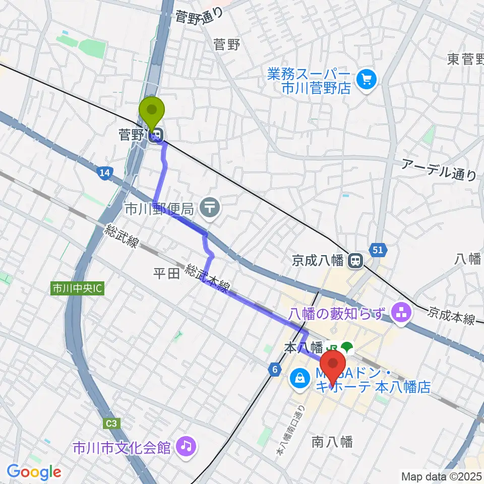 菅野駅からカワイ本八幡店へのルートマップ地図