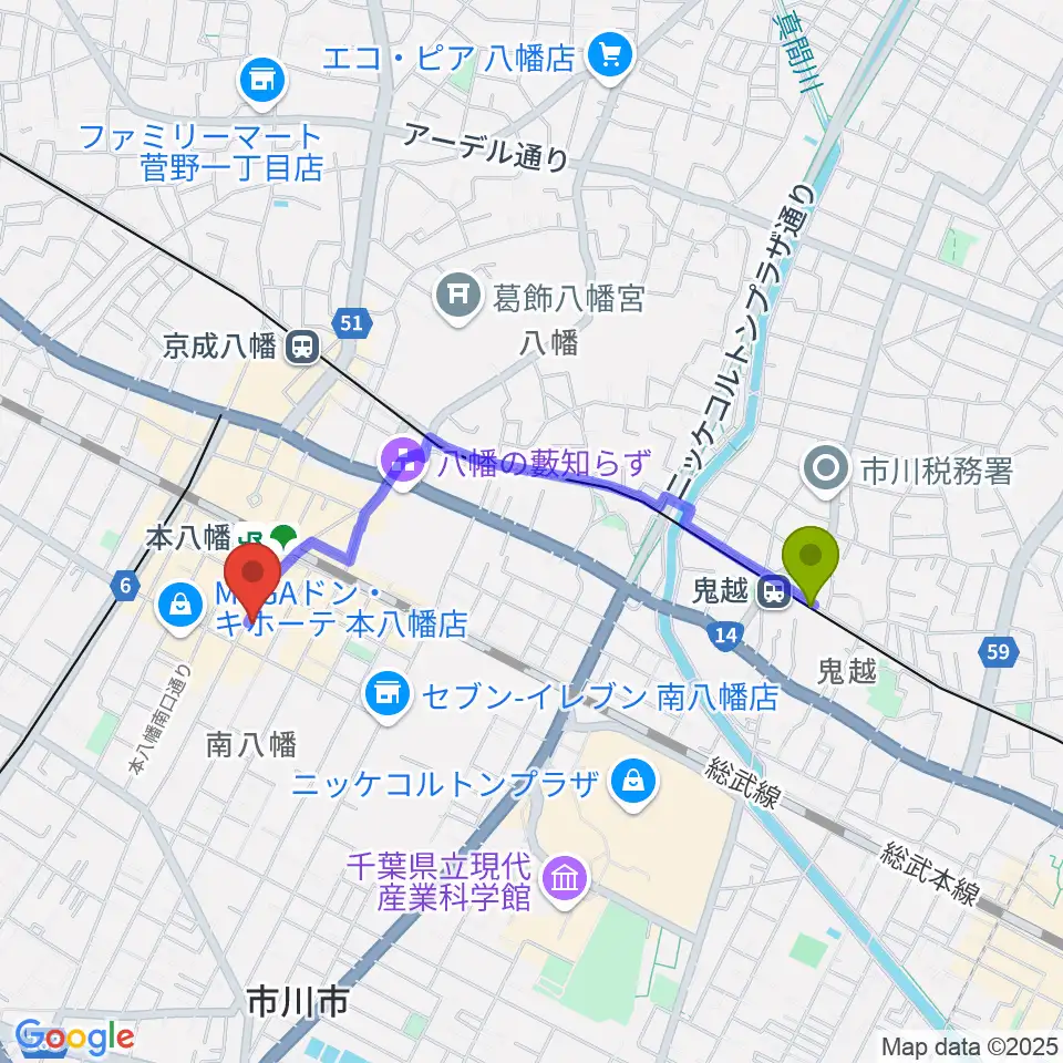 鬼越駅からカワイ本八幡店へのルートマップ地図