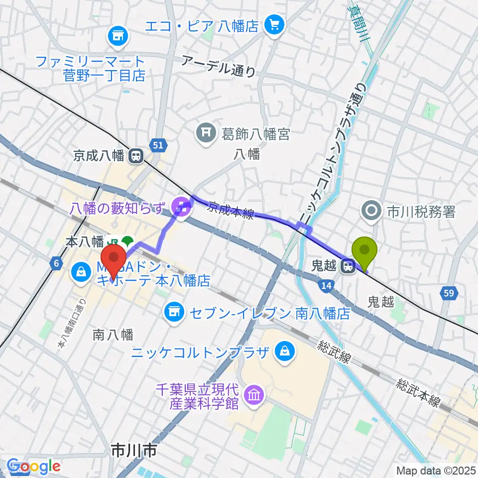 鬼越駅からカワイ本八幡店へのルートマップ地図