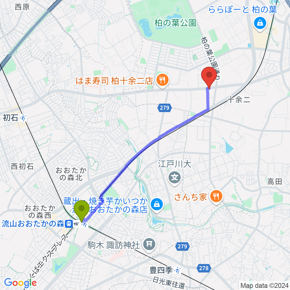 流山おおたかの森駅からカワイ柏ショップへのルートマップ地図