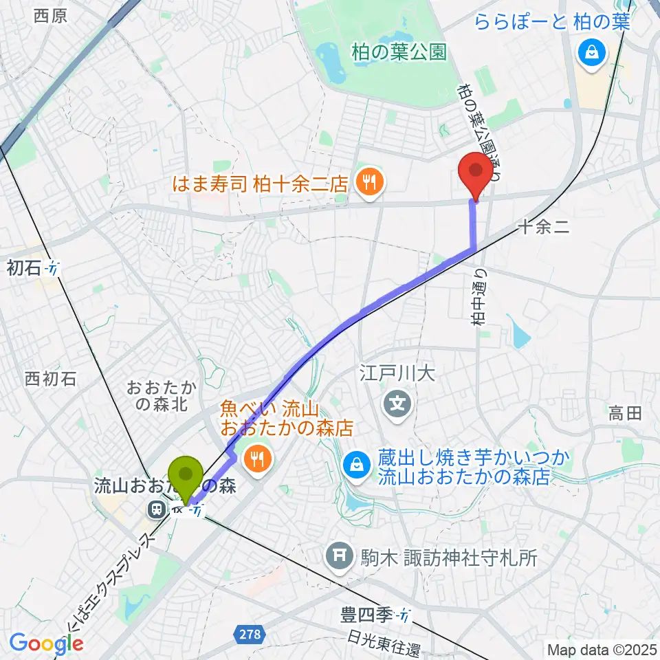 流山おおたかの森駅からカワイ柏ショップへのルートマップ地図