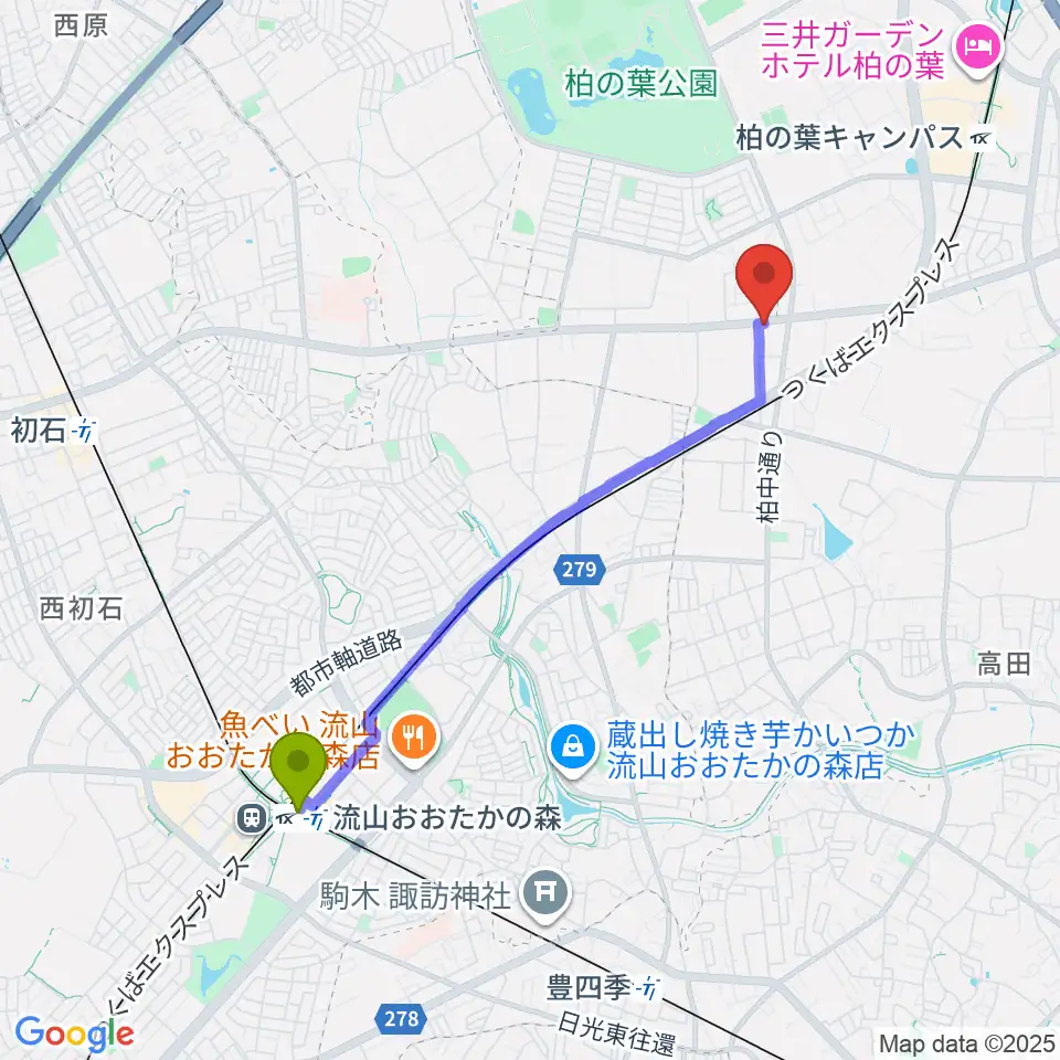 流山おおたかの森駅からカワイ柏ショップへのルートマップ地図
