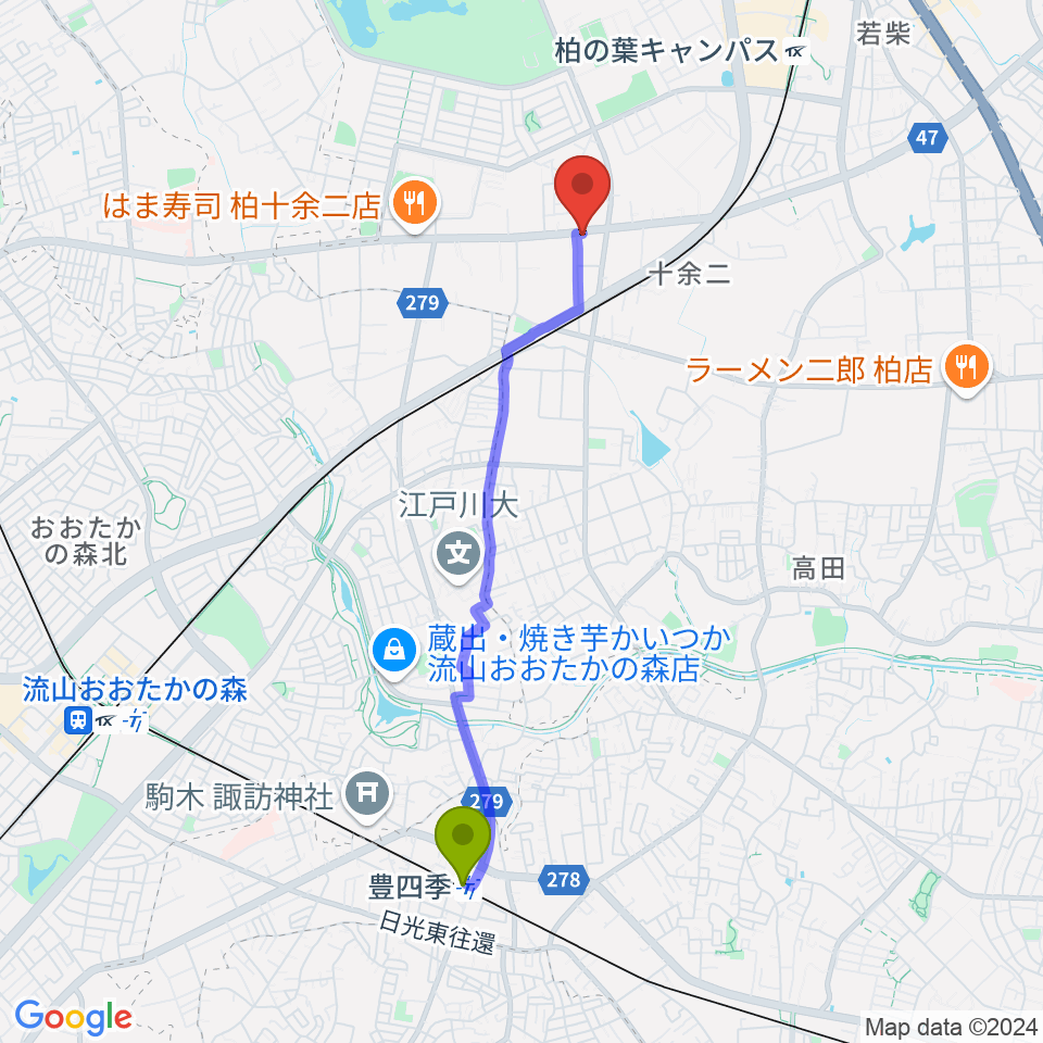 豊四季駅からカワイ柏ショップへのルートマップ地図