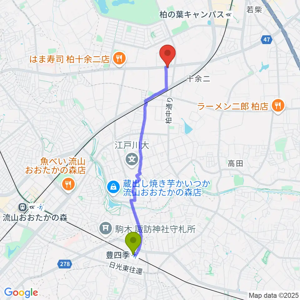 豊四季駅からカワイ柏ショップへのルートマップ地図