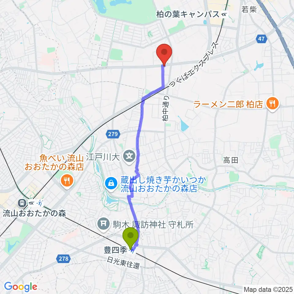 豊四季駅からカワイ柏ショップへのルートマップ地図
