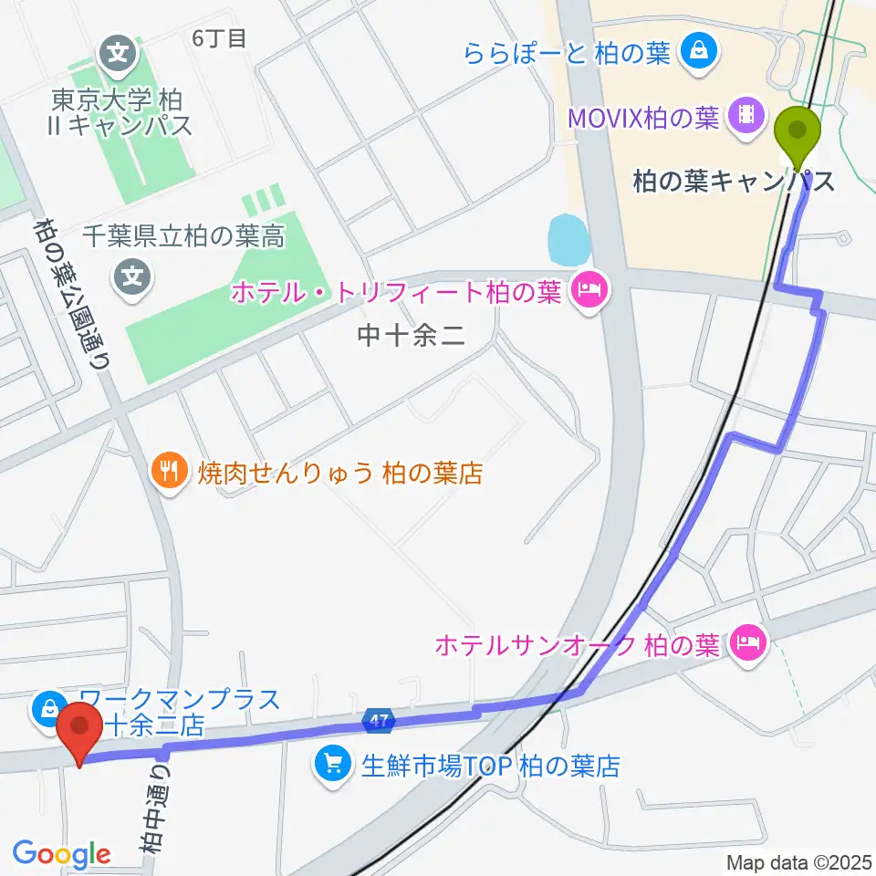 カワイ柏ショップの最寄駅柏の葉キャンパス駅からの徒歩ルート（約16分）地図