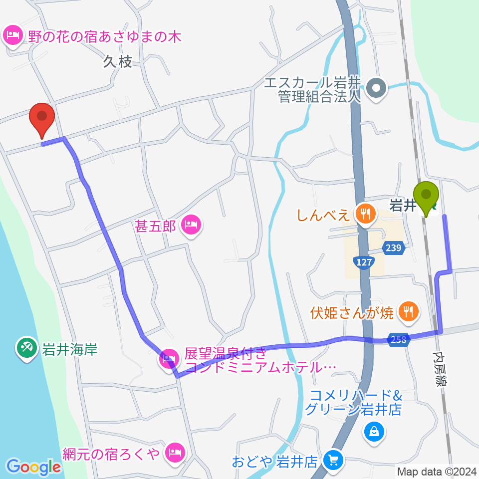 大謙館の最寄駅岩井駅からの徒歩ルート（約13分）地図