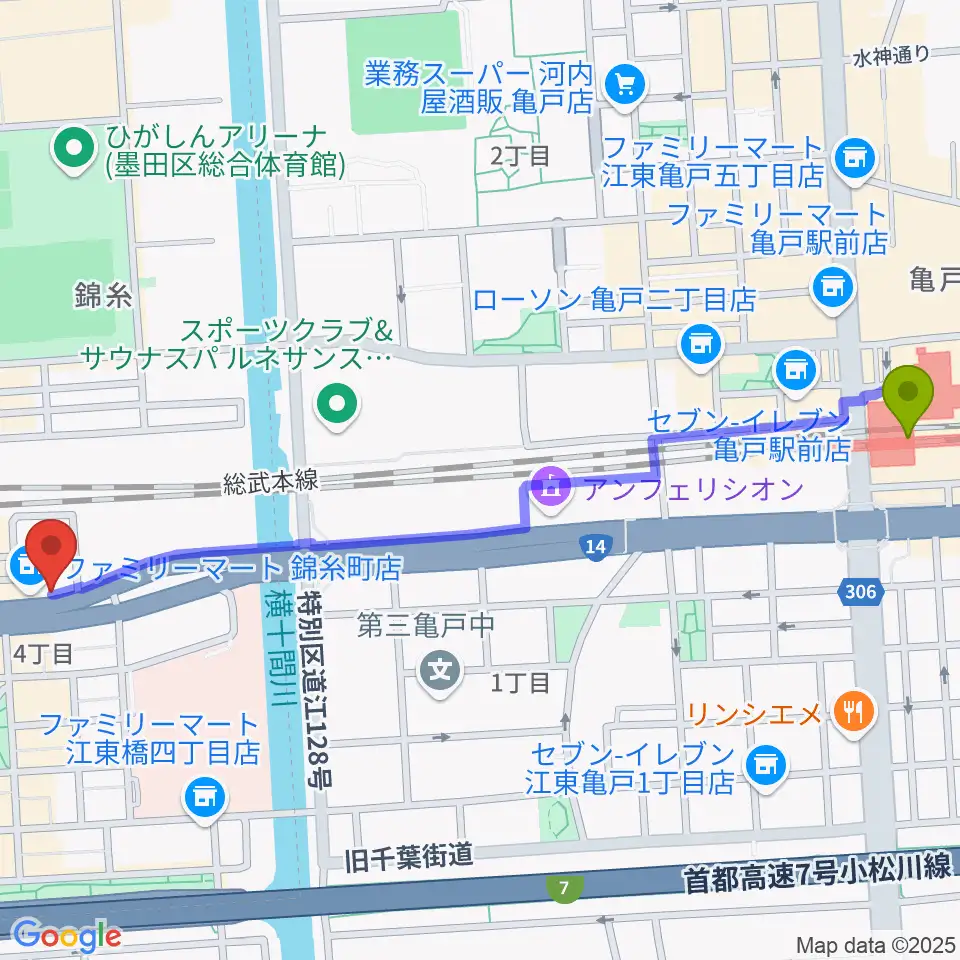 亀戸駅からカワイ錦糸町店へのルートマップ地図